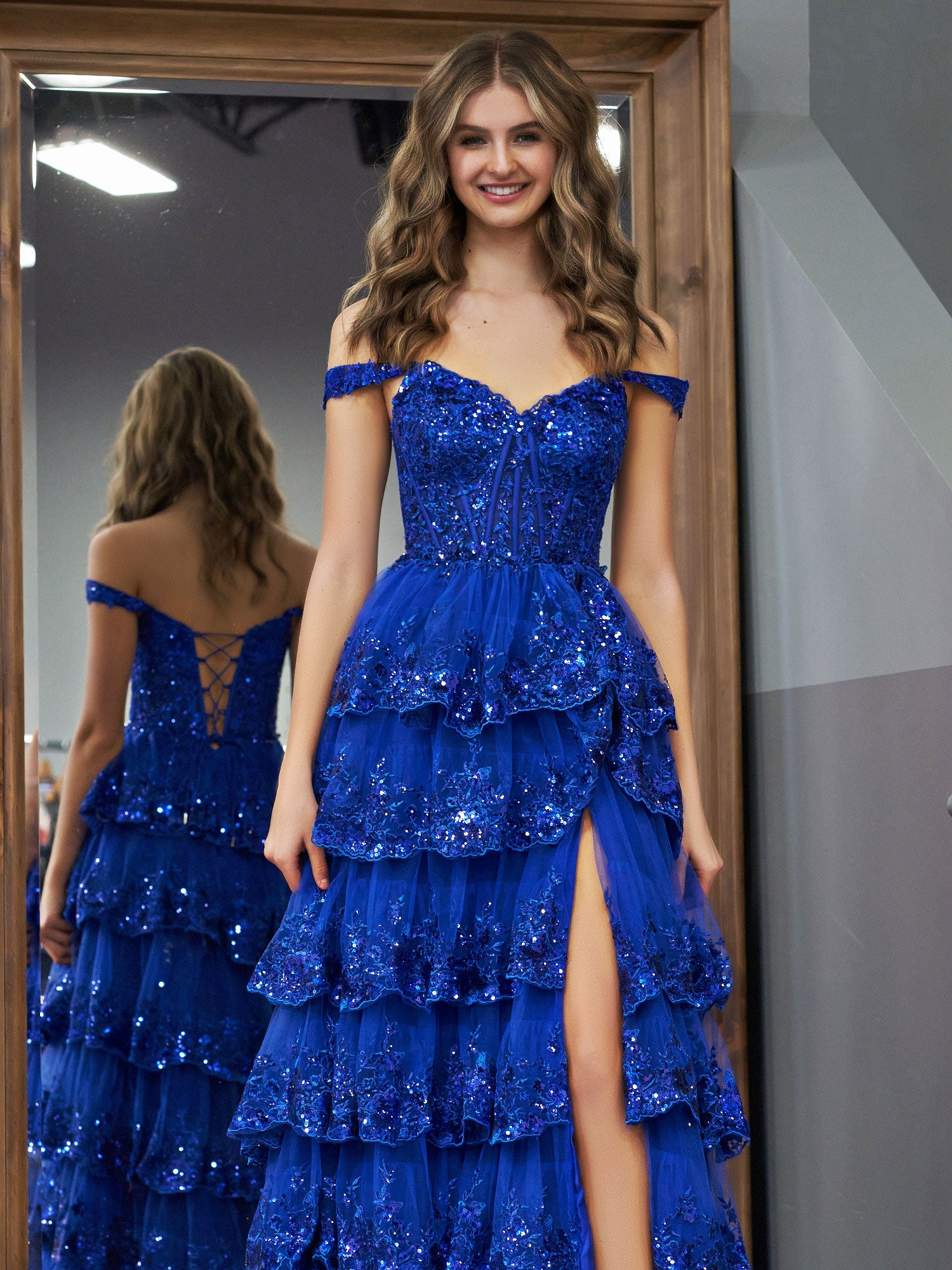 Royal Blue Princess A Line Off the Shoulder Corset Prom Dress with Lace Ruffles