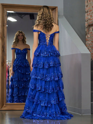 Royal Blue Princess A Line Off the Shoulder Corset Prom Dress with Lace Ruffles - KissProm