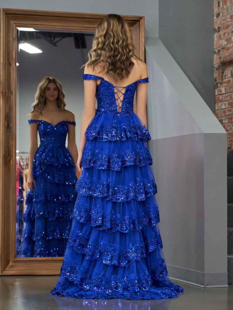 Royal Blue Princess A Line Off the Shoulder Corset Prom Dress with Lace Ruffles Royal Blue / 00 Royal Blue Princess A Line Off the Shoulder Corset Prom Dress with Lace Ruffles Royal Blue / 00