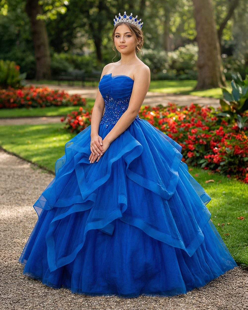 KissProm- Royal Blue Quinceanera Dresses Organza Lace Applique Prom Dresses