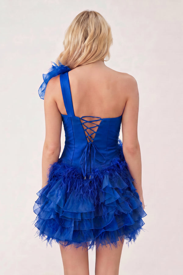 Royal Blue Ruffled Tulle Shoulder Short Homecoming Dress with Feather (2) | KISSPROM