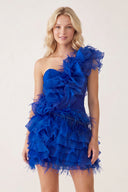 Royal Blue Ruffled Tulle Shoulder Short Homecoming Dress with Feather | KISSPROM