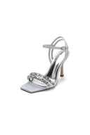 Royal Blue Satin Heels with Double Crystal Straps - KissProm