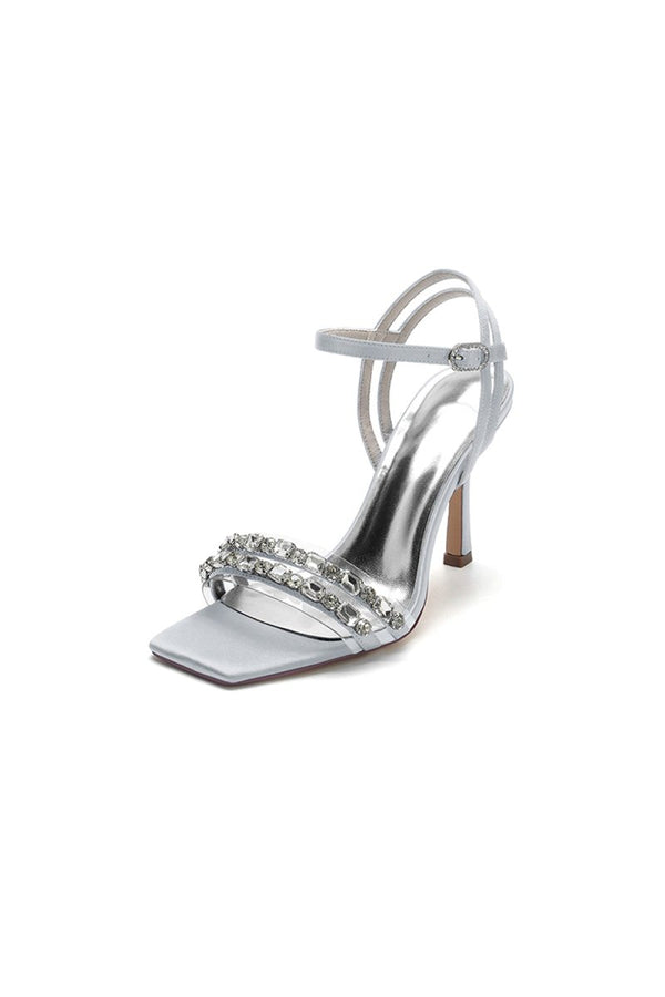 Royal Blue Satin Heels with Double Crystal Straps - KissProm