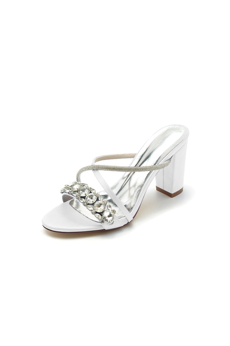 Silver Satin High Heels with Crystal and Metal Embellishments - KissProm