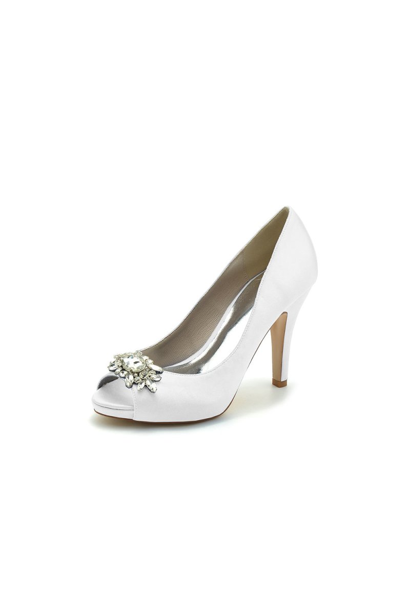 Champagne Satin High Heels with Crystal Flower Ornament - KissProm