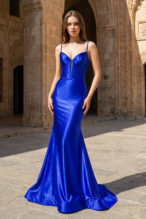 Royal Blue Satin Mermaid Plunge Neck Long Party Dress | KISSPROM