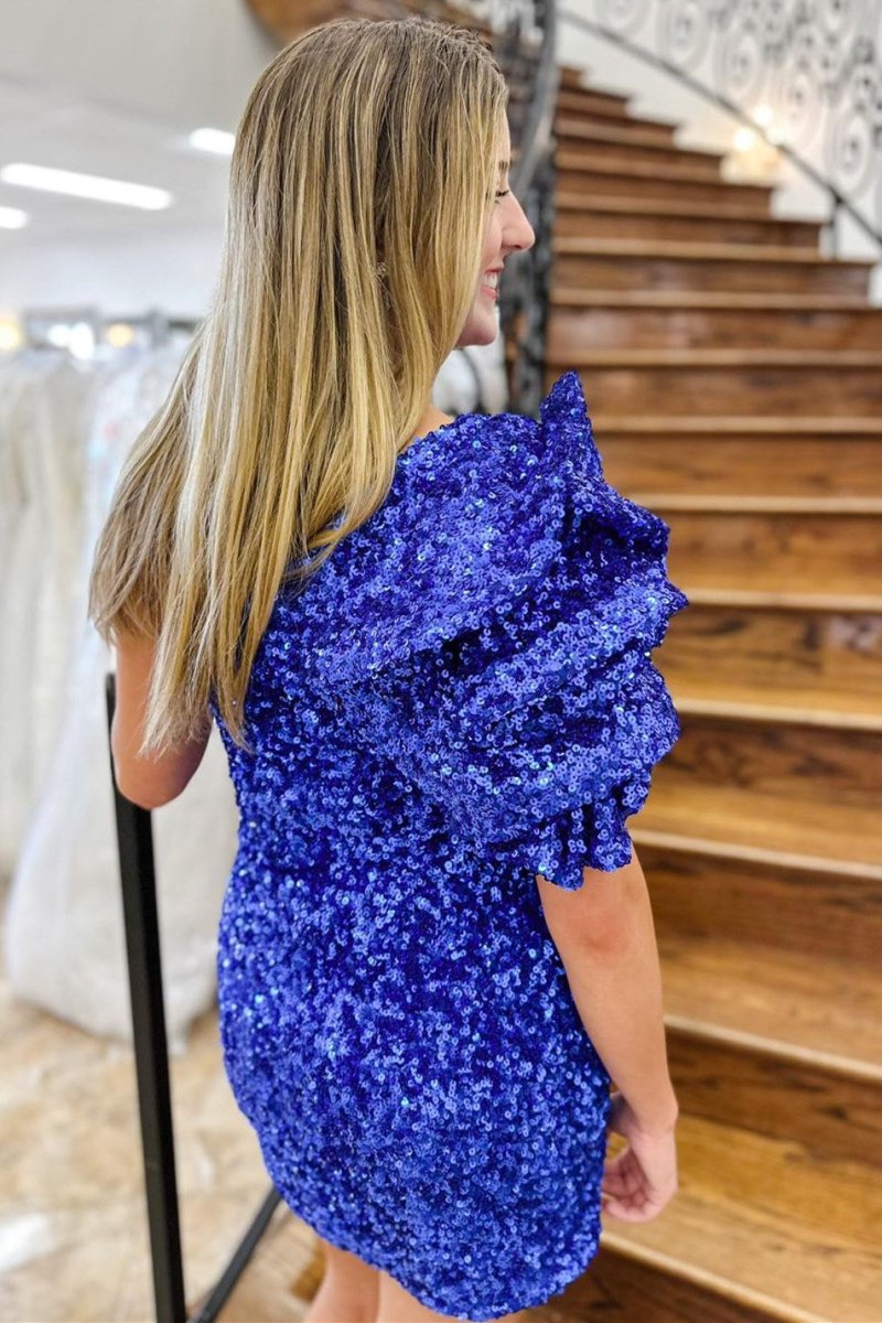 Sheath Royal Blue Sequin One-Shoulder Mini Party Dresses Royal Blue / 12 Sheath Royal Blue Sequin One-Shoulder Mini Party Dresses Royal Blue / 12