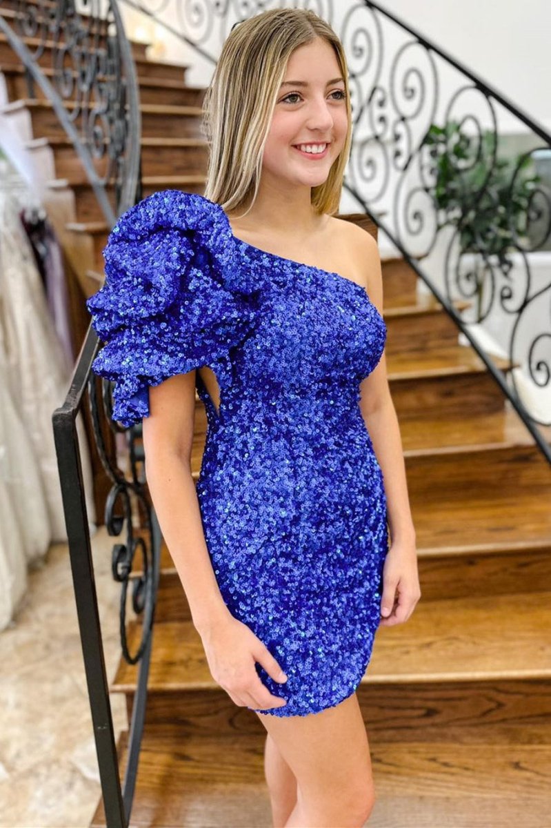 Sheath Royal Blue Sequin One-Shoulder Mini Party Dresses Royal Blue / 12