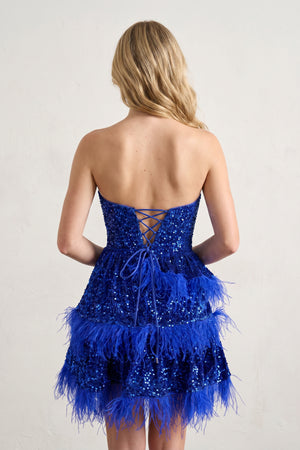 Siobhan | Royal Blue Sequin Short Prom Dresses with Feather