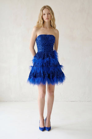 Siobhan | Royal Blue Sequin Short Prom Dresses with Feather
