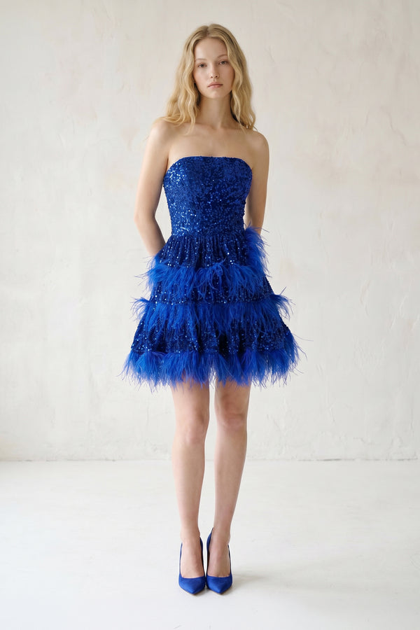 Siobhan | Royal Blue Sequin Short Prom Dresses with Feather
