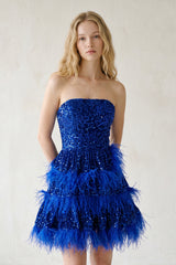 Siobhan | Royal Blue Sequin Short Prom Dresses with Feather
