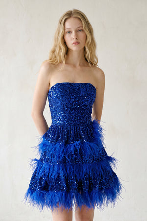 Siobhan | Royal Blue Sequin Short Prom Dresses with Feather
