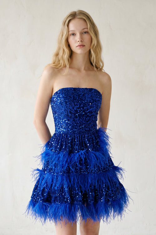 Siobhan | Royal Blue Sequin Short Prom Dresses with Feather