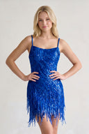 Royal Blue Sparkly Sheath Spaghetti Straps Mini Party Dresses with Tassel - KISSPROM