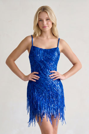 Royal Blue Sparkly Sheath Spaghetti Straps Mini Party Dresses with Tassel - KISSPROM