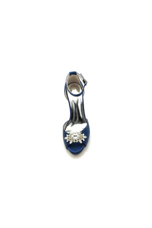 Royal Blue Silk Heels with Crystal Flower Ornament - KissProm