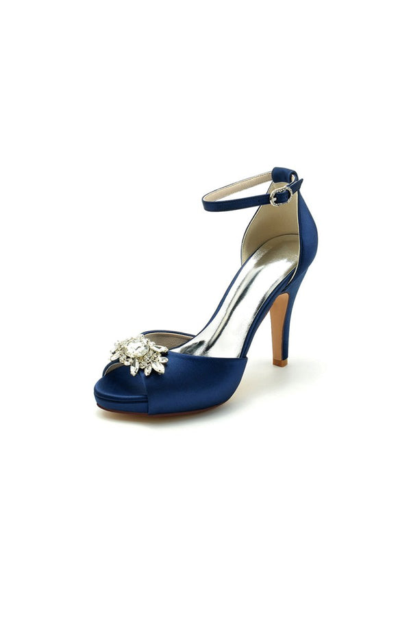 Royal Blue Silk Heels with Crystal Flower Ornament - KissProm