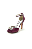 Royal Blue Silk Heels with Crystal Flower Ornament - KissProm
