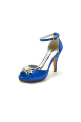 Royal Blue Silk Heels with Crystal Flower Ornament - KissProm