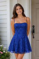 Royal Blue Spaghetti Straps A-Line Chiffon Jacquard Homecoming Dress | KISSPROM