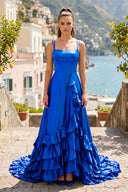 Royal Blue Spaghetti Straps A Line Lace-Up Ruffle Tiered Prom Dress with Slit | KISSPROM