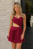 Burgundy Spaghetti Straps Cut-Out Pleated A-Line Satin Homecoming Dress with Beading | KISSPROM