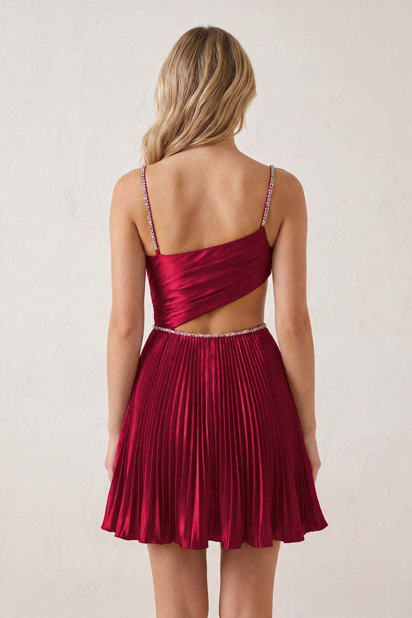 Burgundy Spaghetti Straps Cut-Out Pleated A-Line Satin Homecoming Dress with Beading | KISSPROM