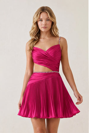 Fuchsia Spaghetti Straps Cut-Out Pleated A-Line Satin Homecoming Dress with Beading | KISSPROM