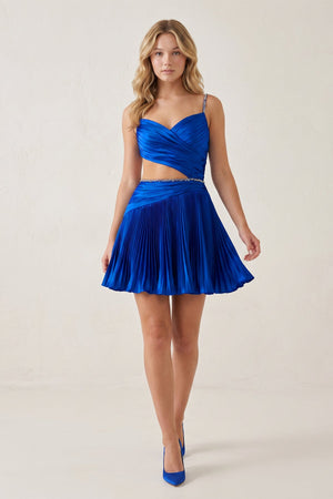 Royal Blue Spaghetti Straps Cut-Out Pleated A-Line Satin Homecoming Dress with Beading - KissProm