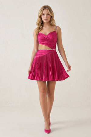 Fuchsia Spaghetti Straps Cut-Out Pleated A-Line Satin Homecoming Dress with Beading | KISSPROM