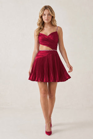 Burgundy Spaghetti Straps Cut-Out Pleated A-Line Satin Homecoming Dress with Beading | KISSPROM