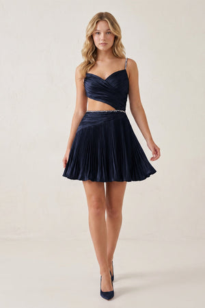 Navy Blue Spaghetti Straps Cut-Out Pleated A-Line Satin Homecoming Dress with Beading | KISSPROM