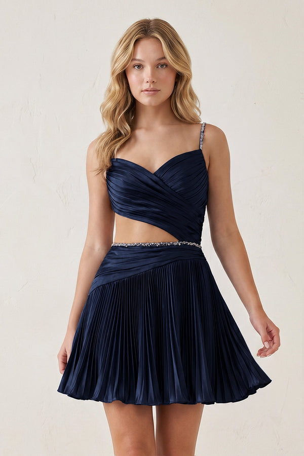 Navy Blue Spaghetti Straps Cut-Out Pleated A-Line Satin Homecoming Dress with Beading | KISSPROM