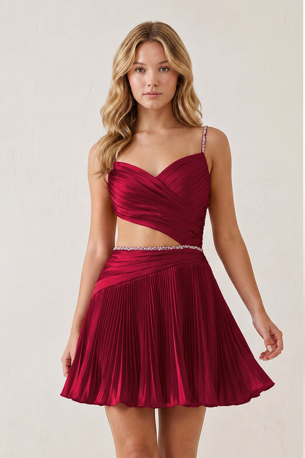Burgundy Spaghetti Straps Cut-Out Pleated A-Line Satin Homecoming Dress with Beading | KISSPROM