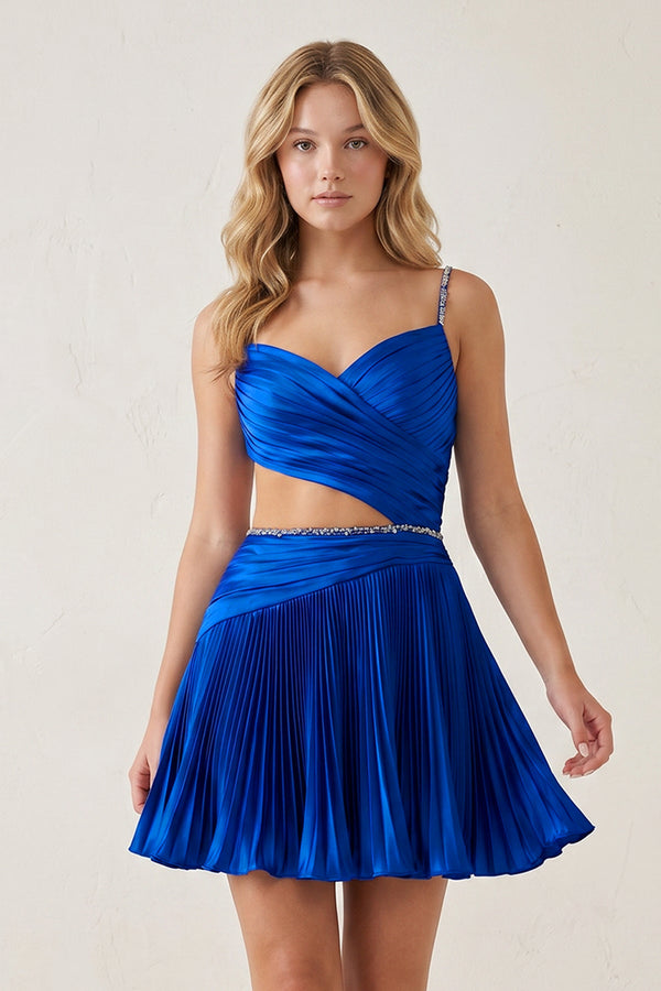 Royal Blue Spaghetti Straps Cut-Out Pleated A-Line Satin Homecoming Dress with Beading - KissProm