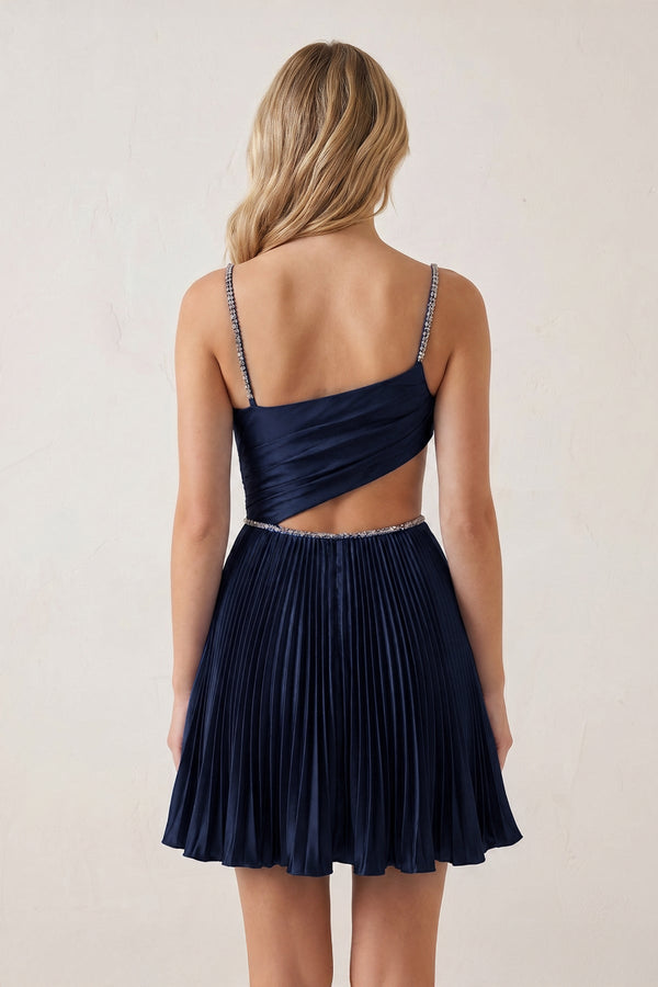 Navy Blue Spaghetti Straps Cut-Out Pleated A-Line Satin Homecoming Dress with Beading | KISSPROM