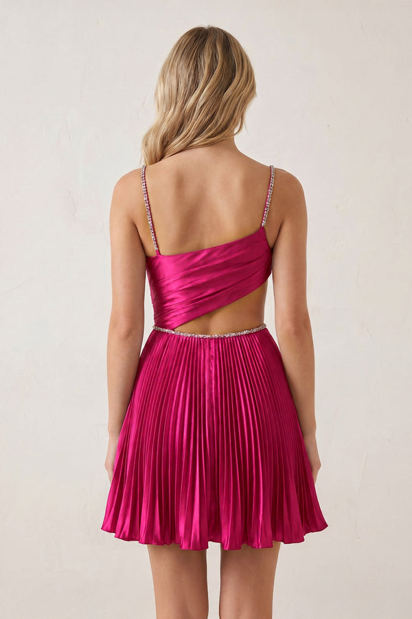 Fuchsia Spaghetti Straps Cut-Out Pleated A-Line Satin Homecoming Dress with Beading | KISSPROM