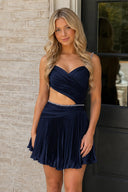 Navy Blue Spaghetti Straps Cut-Out Pleated A-Line Satin Homecoming Dress with Beading | KISSPROM