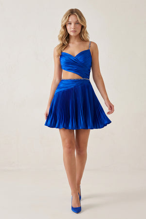 Royal Blue Spaghetti Straps Cut-Out Pleated A-Line Satin Homecoming Dress with Beading - KissProm