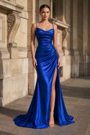 Royal Blue Spaghetti Straps Mermaid Satin Slit Prom Dresses | KISSPROM