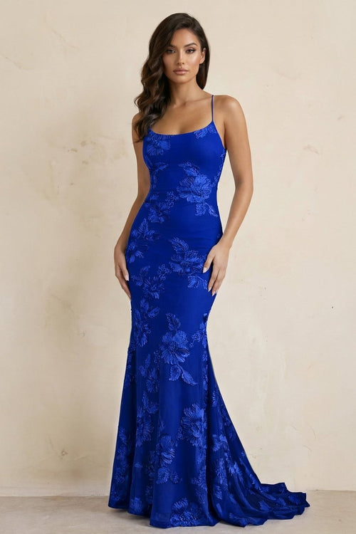 Royal Blue Spaghetti Straps Mermaid Tulle Long Formal Dress With Appliques | KISSPROM
