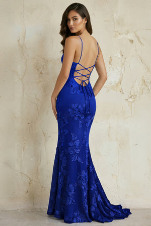 KissProm-Royal Blue Spaghetti Straps Mermaid Tulle Long Prom Dresses With Appliques