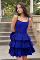 Royal Blue Spaghetti Straps Satin A-Line Ruffled Short Corset Homecoming Dress with Bow | KISSPROM