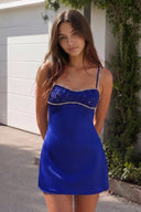 Royal Blue Spaghetti Straps Satin Sheath Homecoming Dress With Rhinestones | KISSPROM