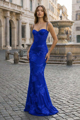 Royal Blue Spaghetti Straps Sheath Long Formal Dress With Floral Embroidery | KISSPROM