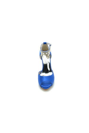 Navy Blue Stiletto Heels with Pearl and Chain Decor - KissProm