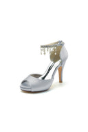 Navy Blue Stiletto Heels with Pearl and Chain Decor - KissProm