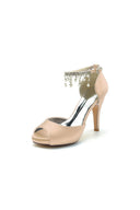 Navy Blue Stiletto Heels with Pearl and Chain Decor - KissProm